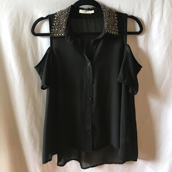 Tobi Top M Sheer Cold Shoulder Distress Beaded Gemstone Collar Button Down Black - Picture 1 of 10